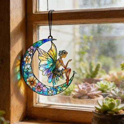 Attrape-soleil Acrylique Effet Vitrail Papillon/Libellule/Fée Ornement Décoration à Suspendre à la Fenêtre Cadeau de Fête pour Femmes Maman Grand-mère