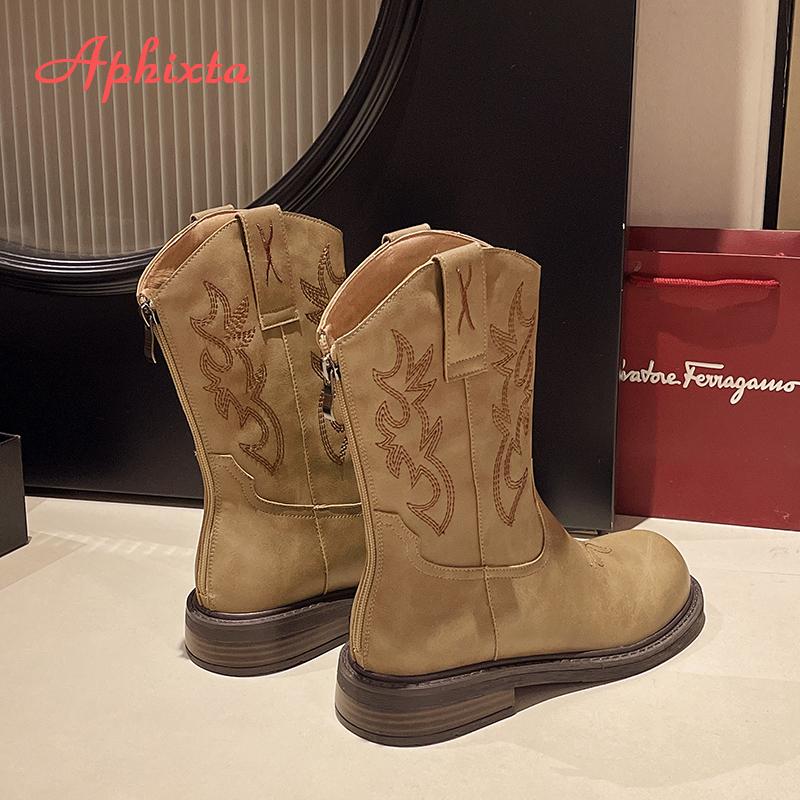 Fashion Aphixta Mid-Calf Modern Boots 3.5cm Square Heel Totem Design Back Zip Woman Shoes Round Toe Brown Big Size 42 Western Boot