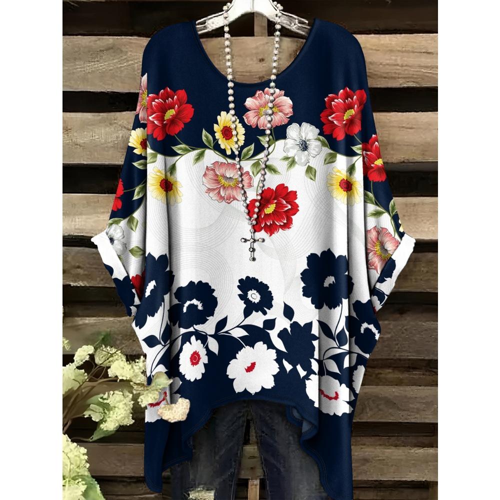 Haine de Vară Femei 2025 Albastru Marin și Alb cu Imprimeu Floral Elegant Versatil Design Decolteu Rotund Mânecă Scurtă Top Y2k pentru Femei