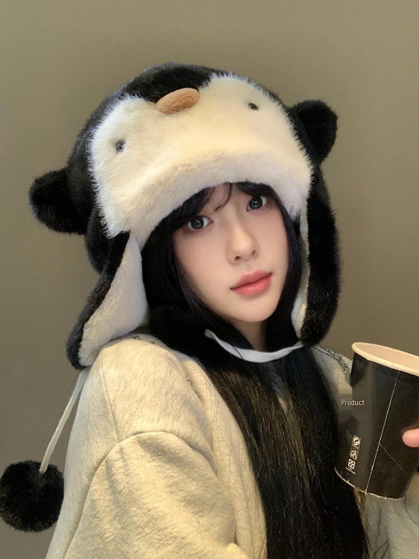 Милая плюшевая шапка-пингвин - Женская зимняя лыжная шапка с защитой ушей чёрный