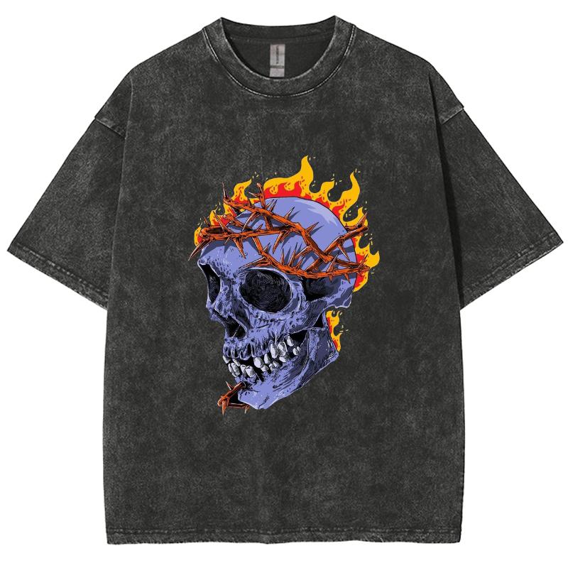 Skull Flame Print Women's T-Shirt Fashion Design High Street Hip Hop Short Sleeve Loose ZTE Wash Vintage Top