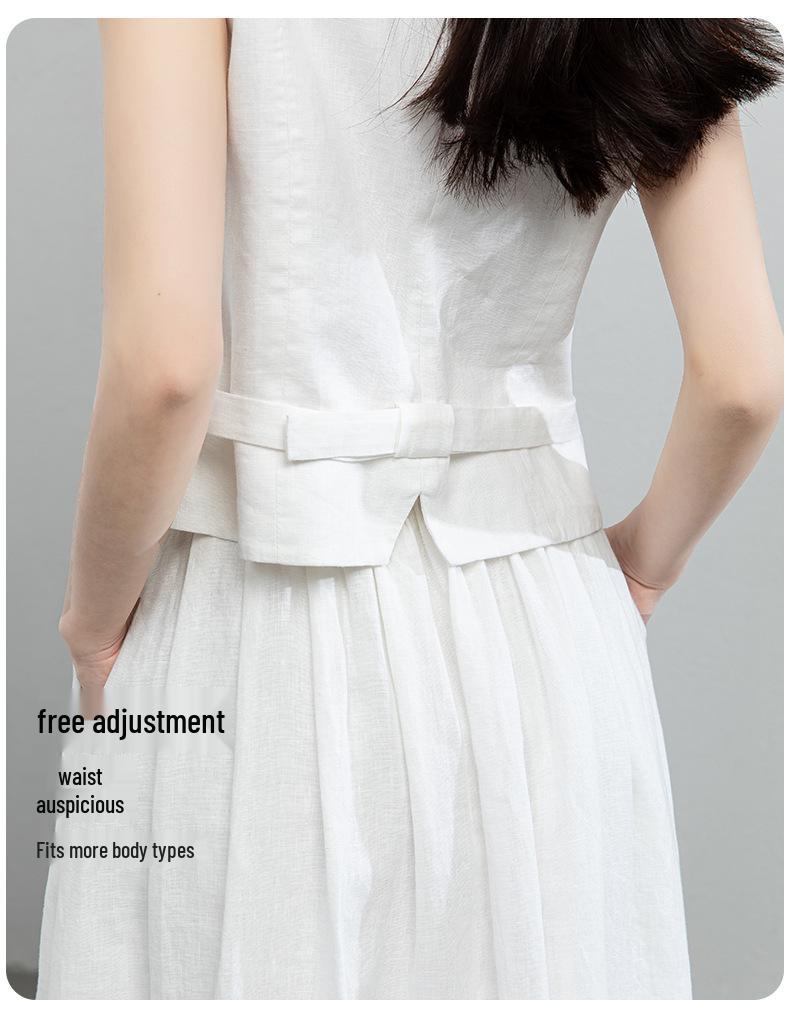 Xin Ge Stylish Black Sleeveless Suit Vest & Pleated Linen Skirt Set