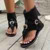 New Summer Clip Toe Roman Sandals Denim Belt Buckle Large Size High Top Flat Boots Women Dressy Casual Sandals