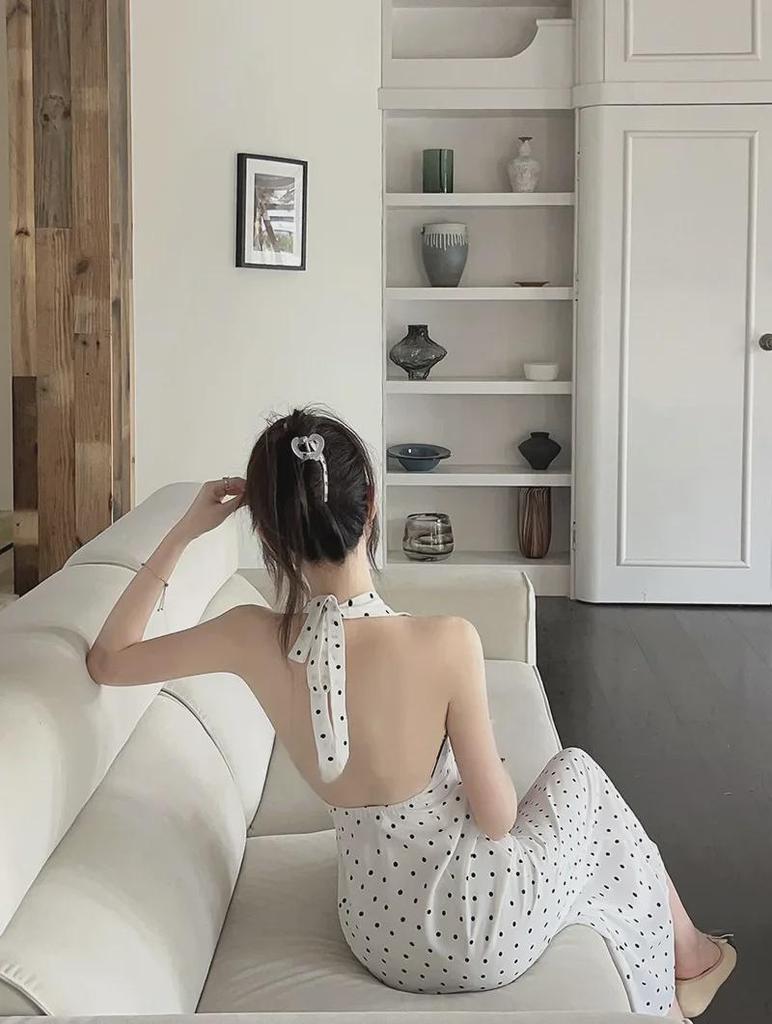 2024 Korean-French Style Backless Lace-Up Polka Dot Halter Neck Long A-Line Summer Dress