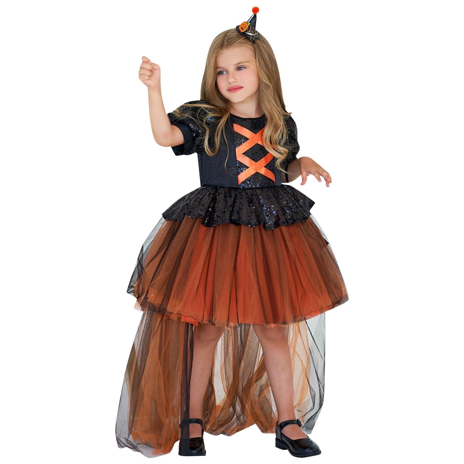 

Платье для девочек на Хэллоуин, принтованное платье, костюм для ролевой игры ведьмы, костюм для косплея, маскарадный костюм 140 оранжевый