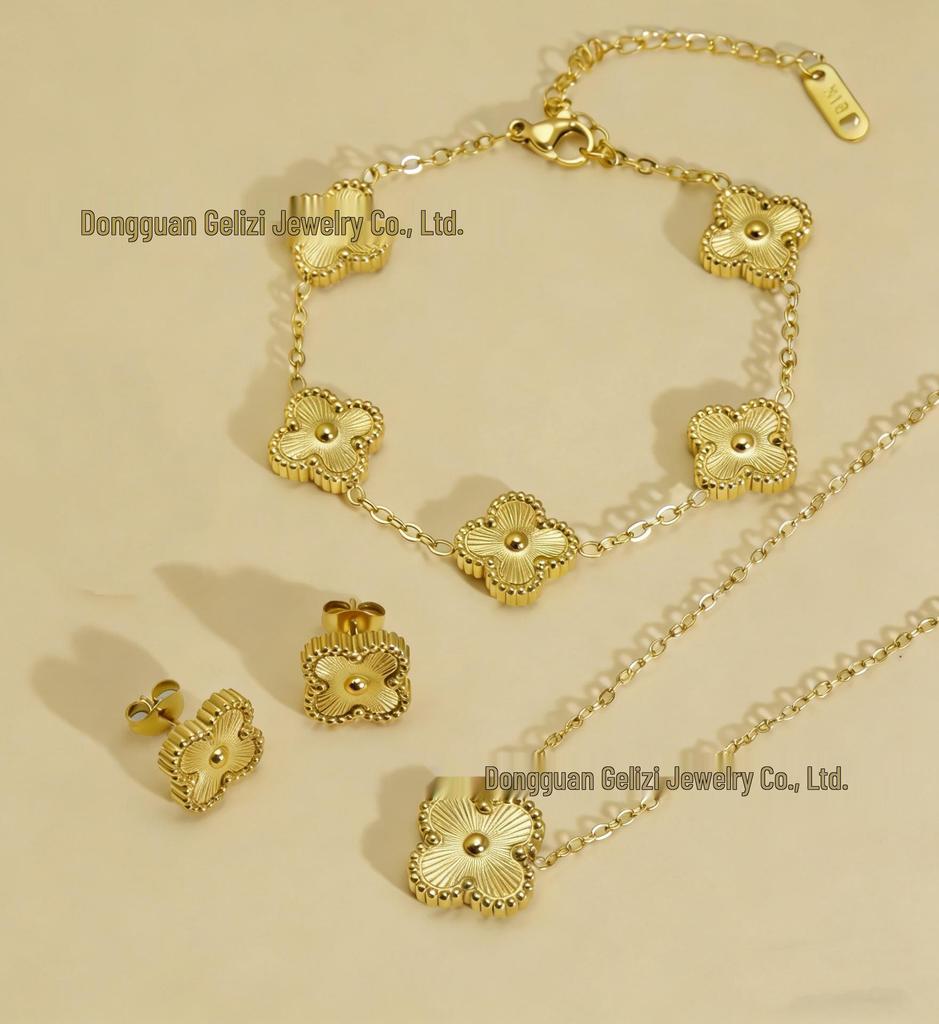 18K Engraved Stainless Steel Four-Leaf Clover Jewelry Set: Necklace, Bracelet, and Earrings