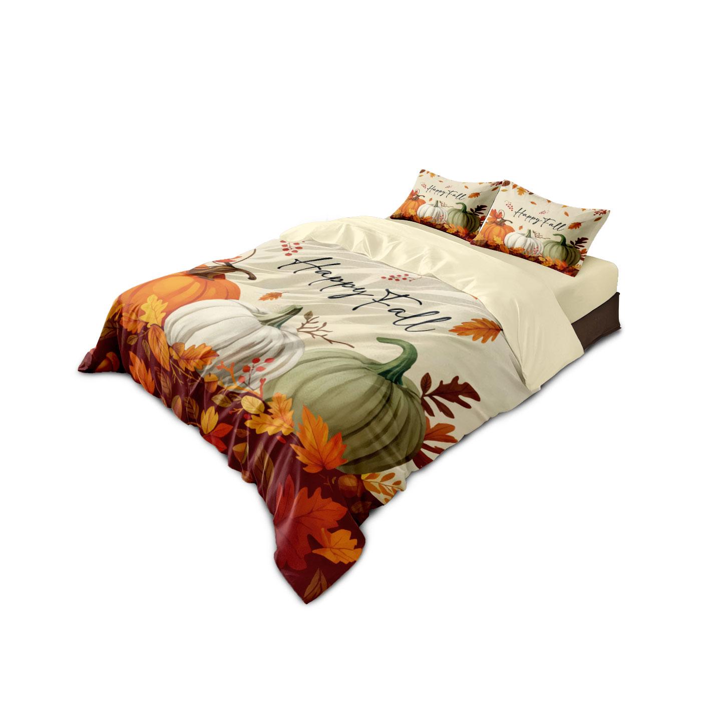 

3 предмета Комплект постельного белья без пододеяльника с тыквенным принтом к Празднику урожая, разные размеры, для спален, общежитий, мягкий, удобный, машинная стирка 135x200cm-EU-Single&set