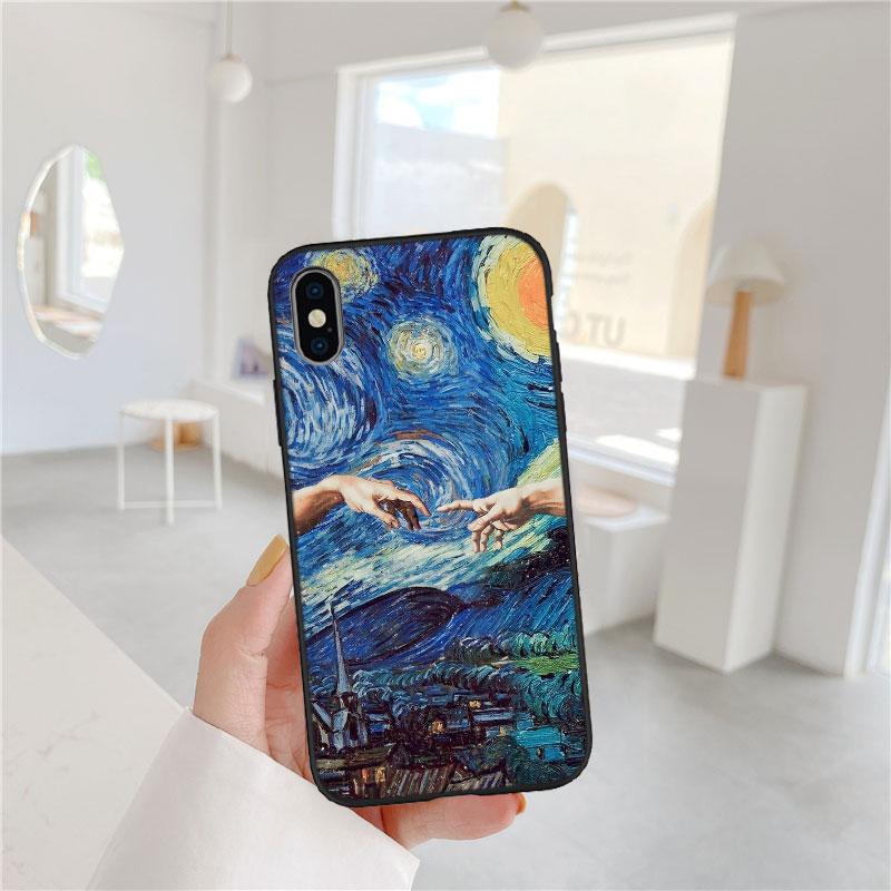 BF101 Starry Night Van Gogh Painting Soft Shell Phone Case for iPhone 16 15 14 13 12 Pro Max Plus Mini