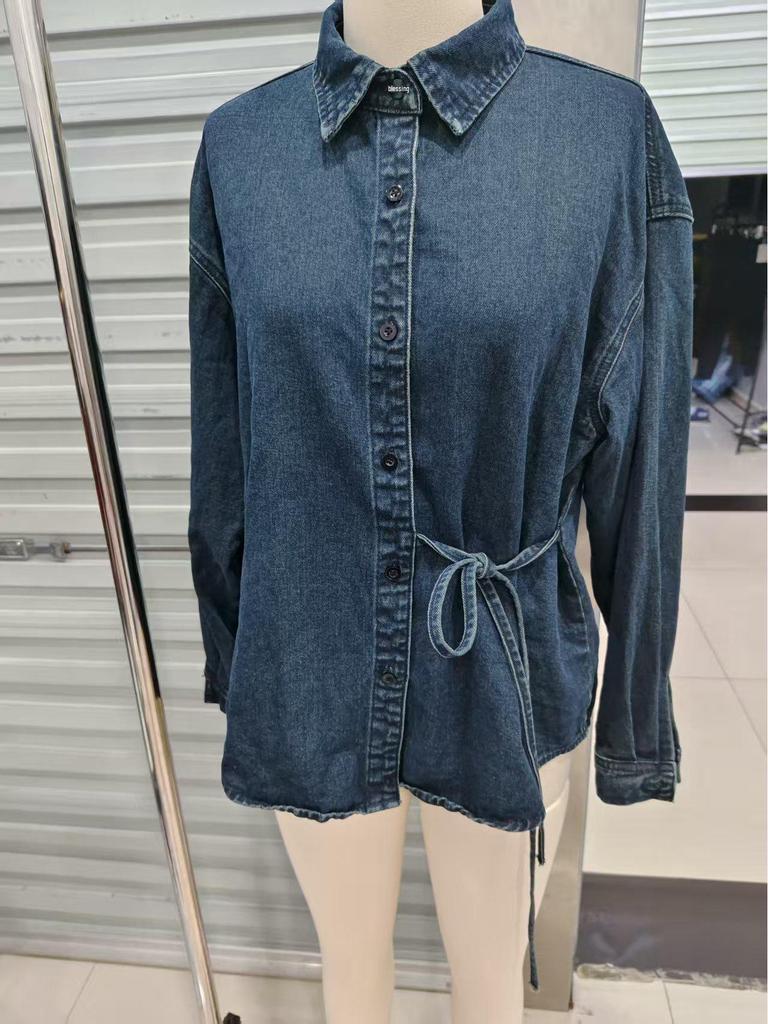 European Women's Lace-Up Denim Jacket - Button Front, Long Sleeve Casual Top