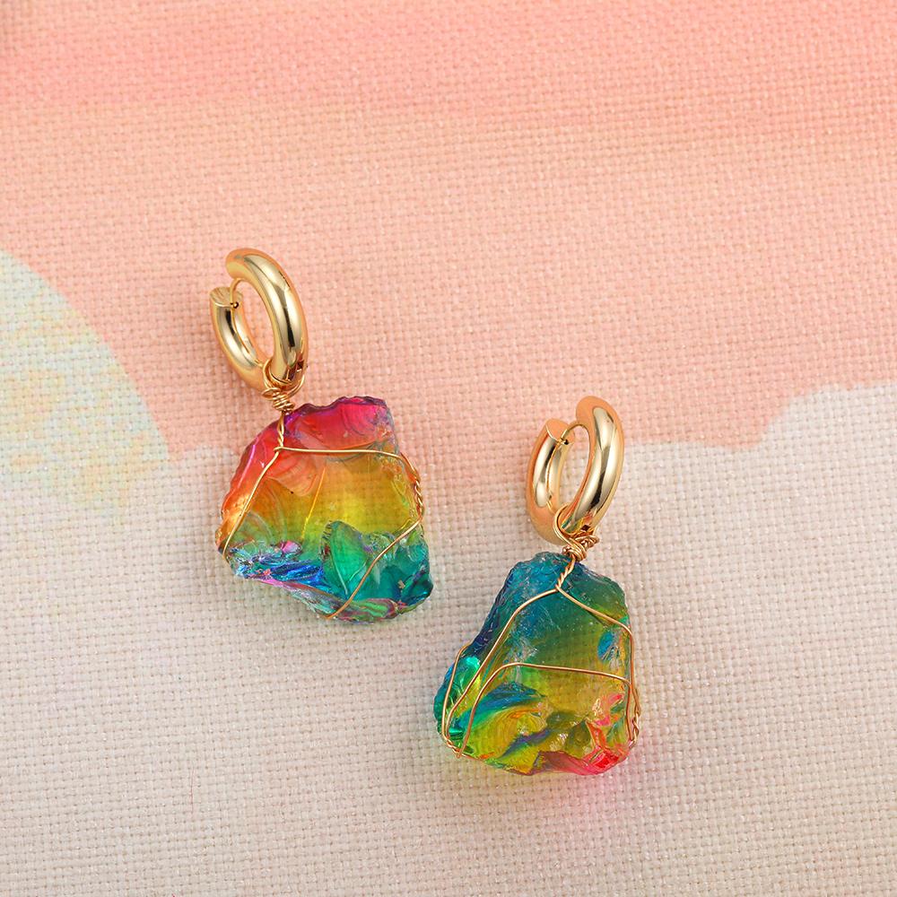 

Oversize Irregular Natural Stone Drop Earrings for Women Gold Color Wire Wrapped Colorful Stone Stainless Steel Circle Earrings
