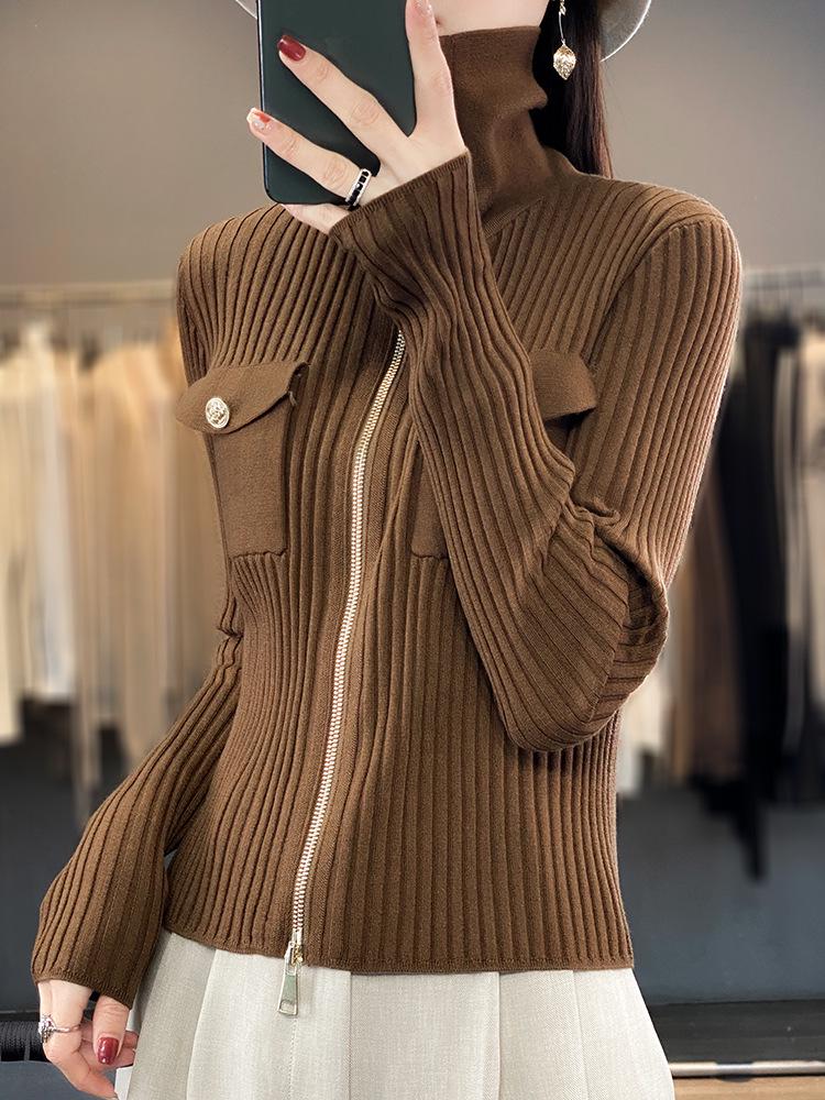 Women's Slim-Fit Stand Collar 100% Pure Wool Sweater - Autumn/Winter Knit Cardigan, Skin-Friendly Base Layer Outerwear