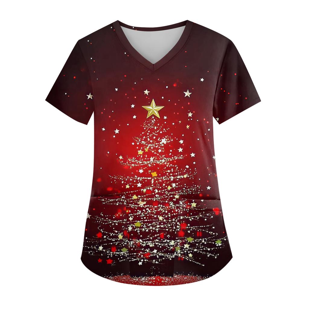 Women's V-neck Christmas Print Short-sleeved Pocket Side Slit Uniform Top