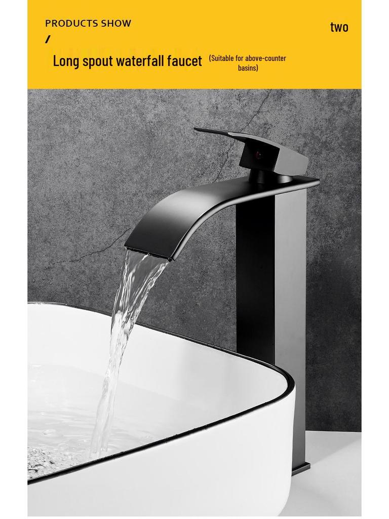 Schwarzer Wasserfall-Waschtischarmatur für Warm- und Kaltwasser