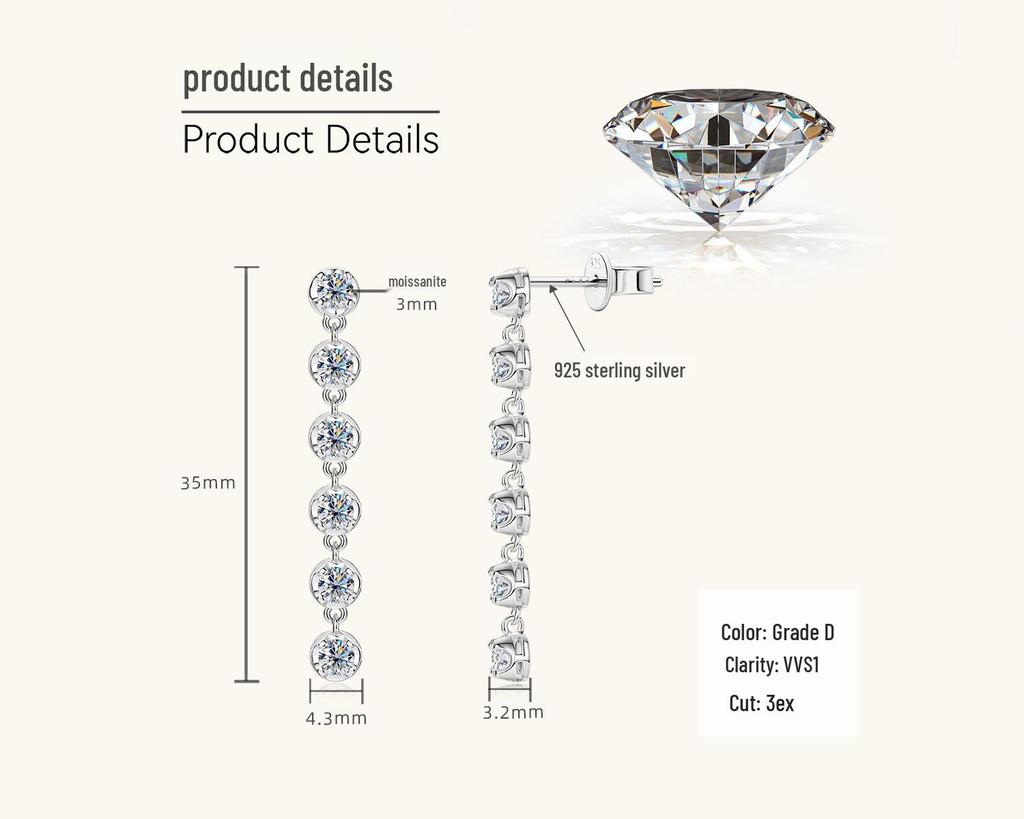 European & American Style Moissanite Tassel Stud Earrings for Women, S925 Sterling Silver Round Jewelry