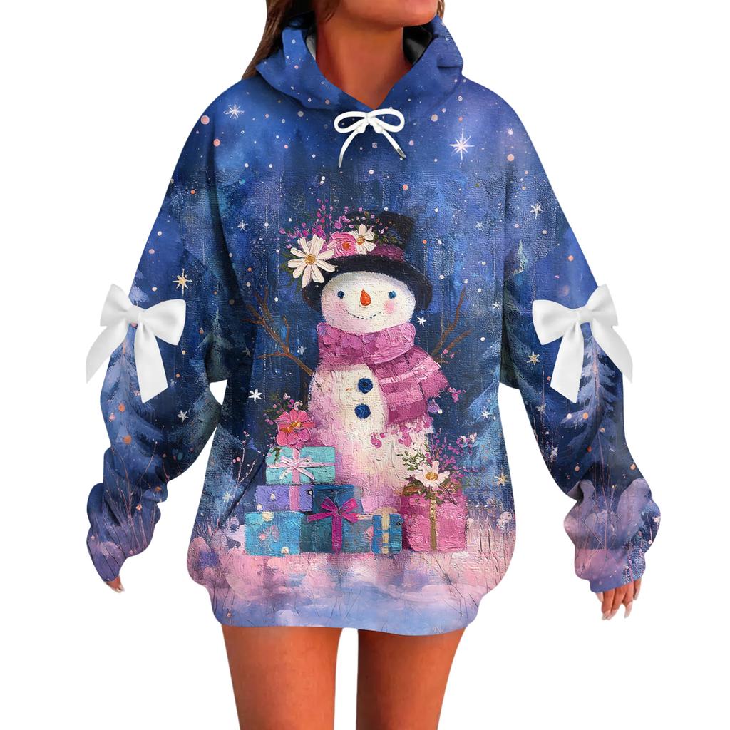 Ladies' Christmas Printed Bow Long Sleeved Loose Fitting Headband With Rope Hooded Sweatshirt Top