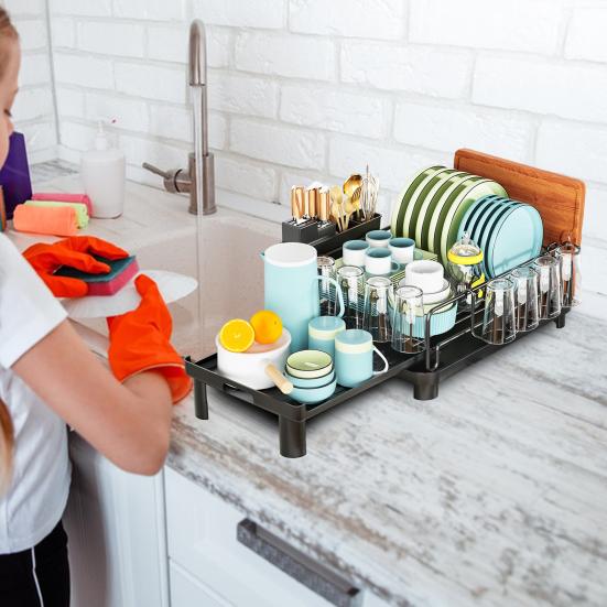 Dish Drainage Rack Carbon Steel Double-layer Retractable Cup And Cutting Board Holder Bowl Plate Tableware Sink Kitchen Utensil Drying Organizer