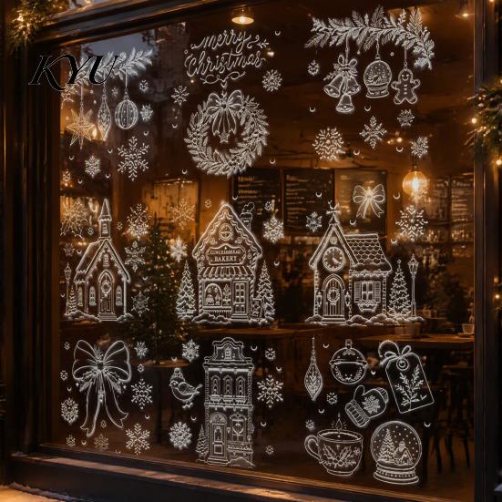 Reusable Gingerbread House Window Clings 9Pcs Christmas Clings, Static Glass Stickers, White Line Hand-Painted Decals for Holiday Home Decorations,