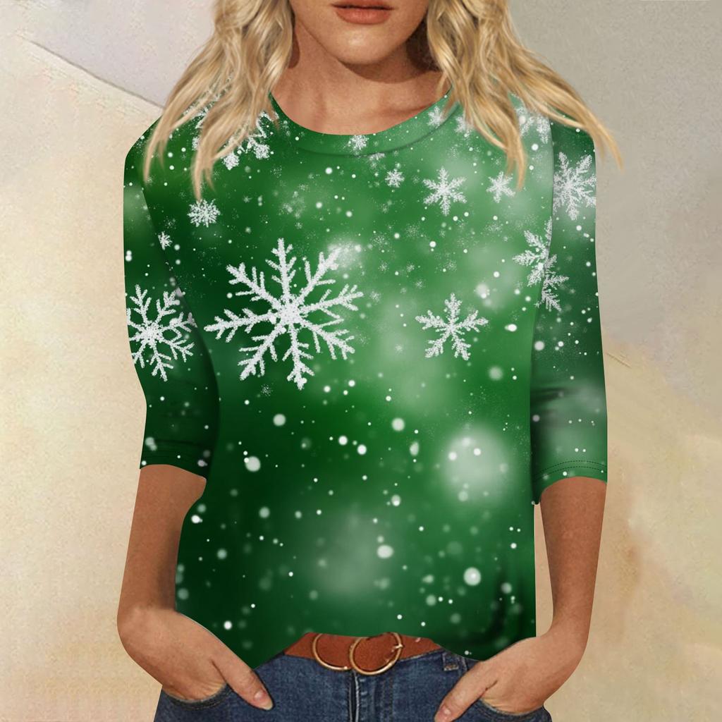 Women's Fashion Casual Seven Sleeve Christmas Printed Round Neck Top