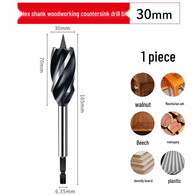 Ruiqi Hex Shank Four-Edge Wood Drill Bit for Door Lock and Drawer Hole Cutting