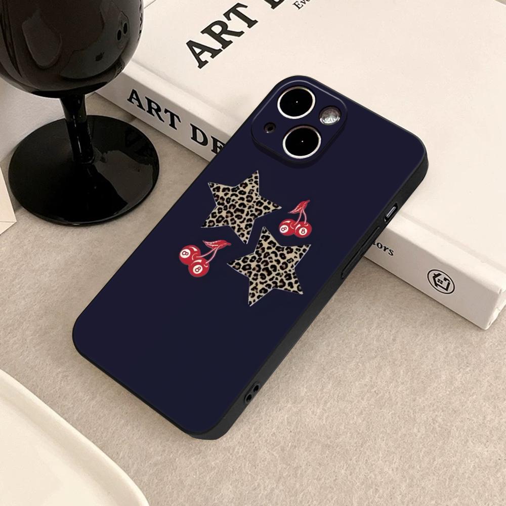 Leopard Print Cherry Star Phone Case FOR IPhone 15 Pro Max 14 11 12 Pro 15 16 Plus 13 Pro MAX XR XS Black Soft Covers