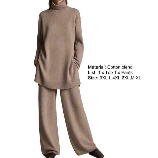 2 Pcs/Set Sweatshirt Pants Set Knitting High Collar Long Sleeves Pullover Loose