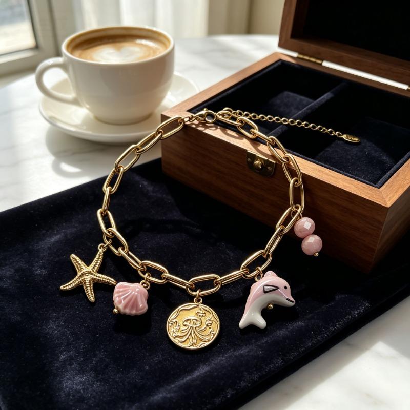 Women S Stainless Steel Gold Plated Boho Bracelet With Fish Starfish Shell Charms
