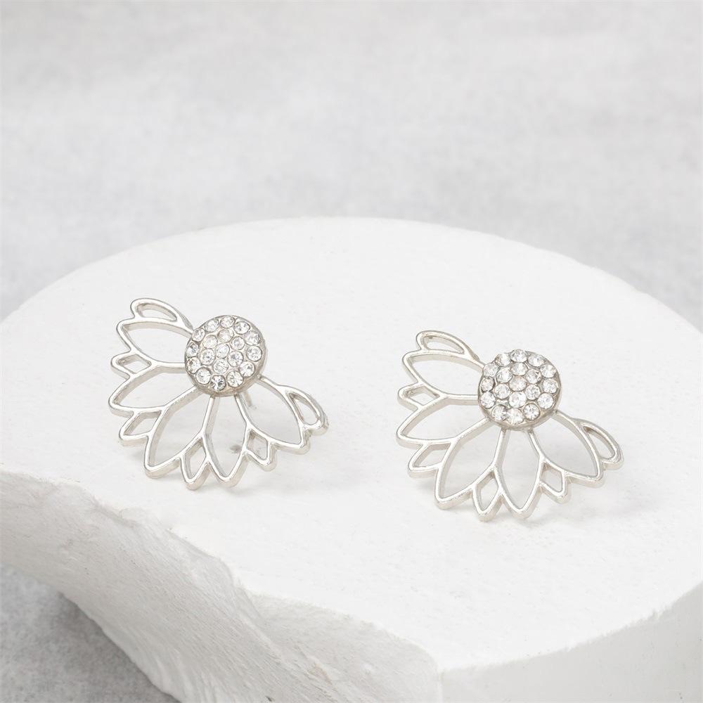 Silver Lotus Women's Stud Earrings Hollow Geometric Statement Small Earrings Rhinestone Tiny Ear Jewelry new