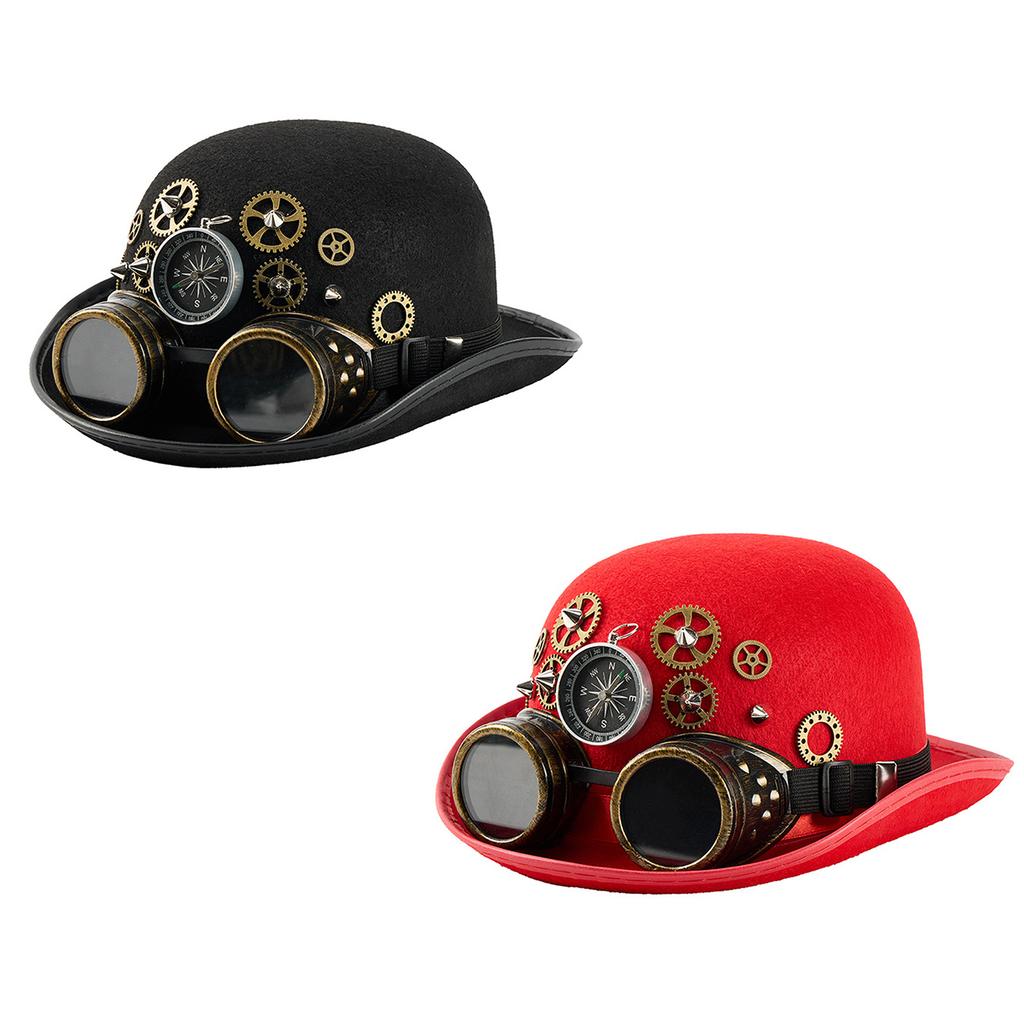 Adjustable Unisex Oval Top Hat With Rivets Decorations and Detachable Goggles Gothic Steampunk Headwear for Adults