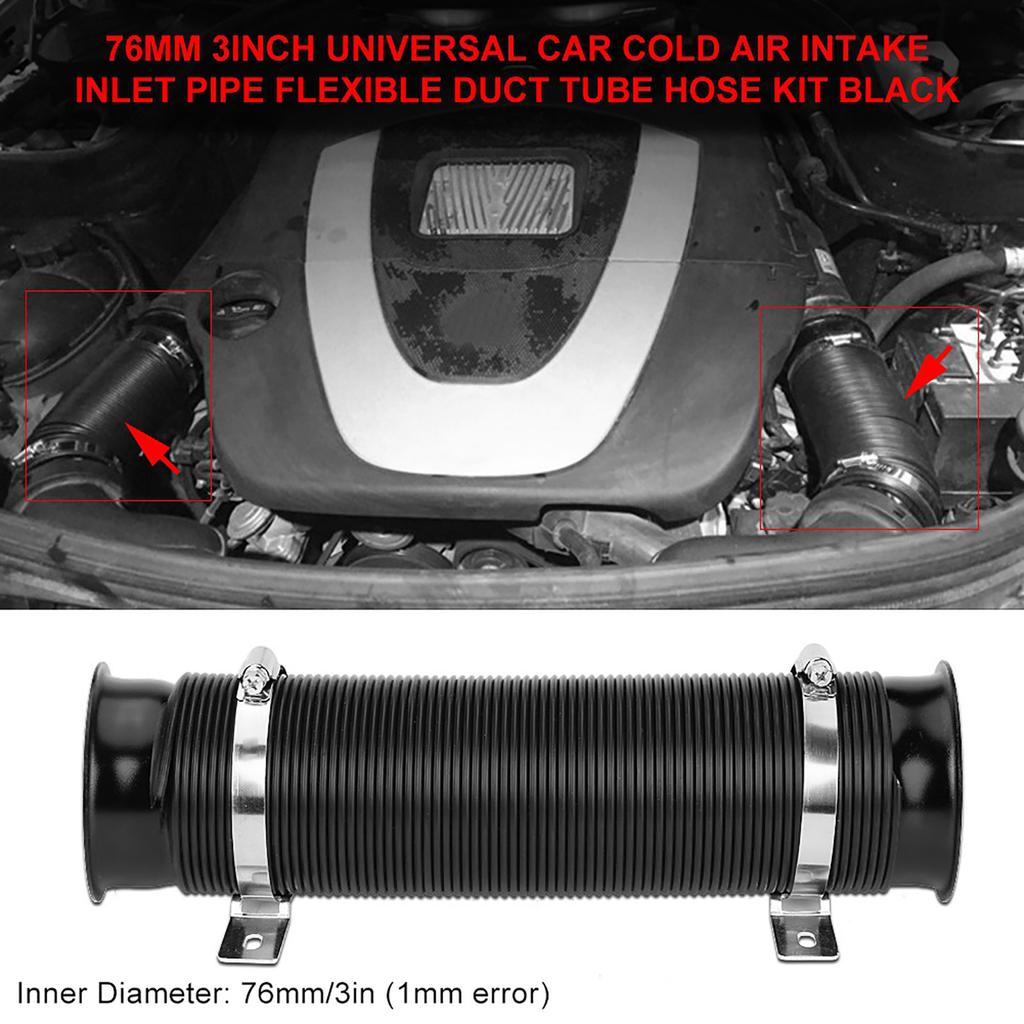 76mm 3inch Universal Car Cold Air Intake Inlet Pipe Flexible Duct Tube Hose Kit Black