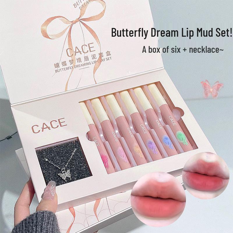 Butterfly Dream Lip Mud: Matte Nude Lip Glaze & Cute Necklace Set