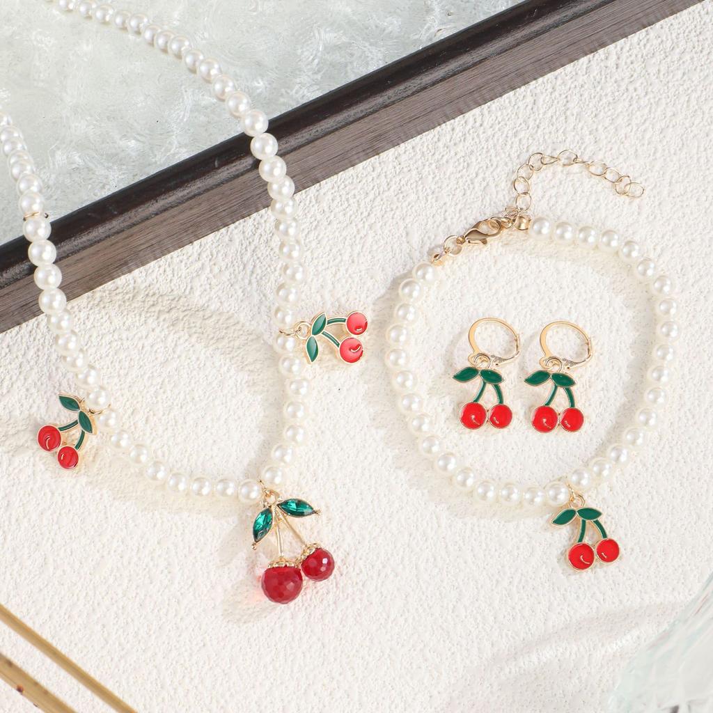 Sweet Cherry Necklace And Earring Set For Women Cute Fruit Jewelry Summer Accessories