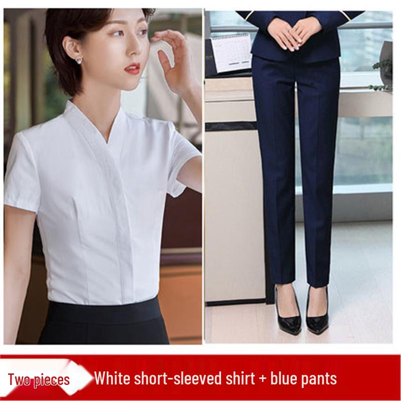 Women's White V-neck Professional Flight Attendant Shirt: Interview and Workwear Suit for Airline and Hotel Staff