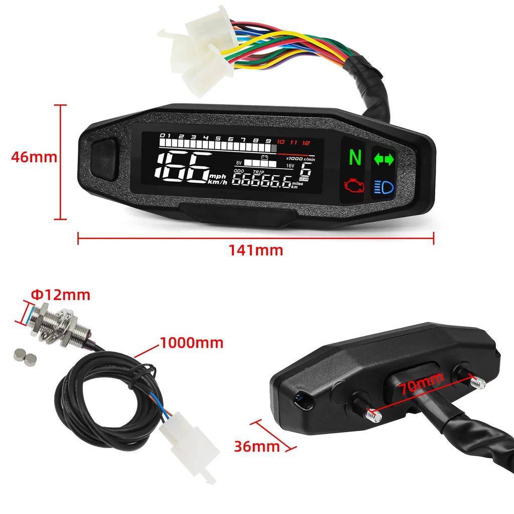 AD Motorcycle Speedometer Universal LED Tachometer Digital Dashboard Km/h MPH Odometer Meter Motor Gauge Sensor + Y/Z/W Bracket