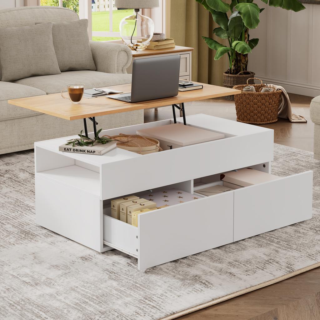 100*50*40cm Height-Adjustable Coffee Table with Hidden Storage, 2 Drawers, Semi-Open Storage, in White + Wood Color