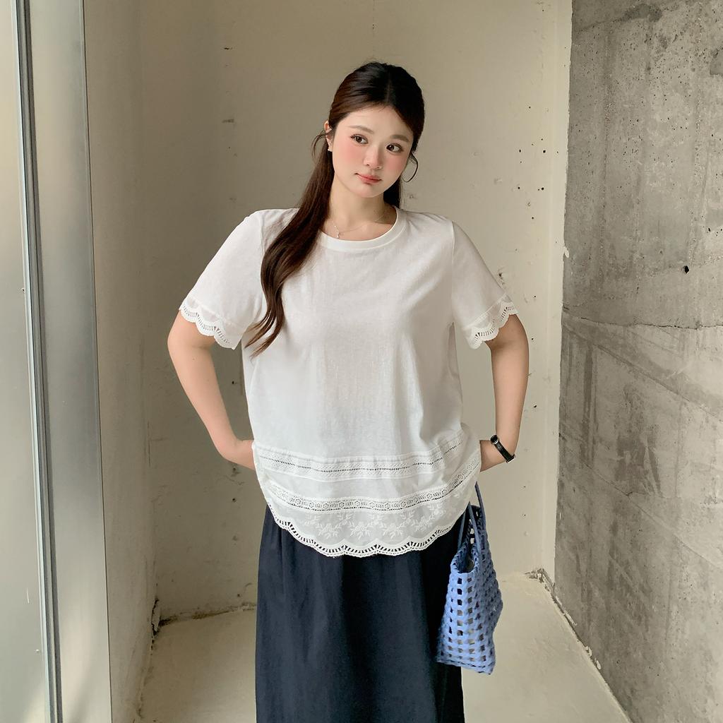 Fresh Large Size Sweet Splicing Lace Short-sleeved T-shirt 2026 Summer New Loose and Versatile Top 254883