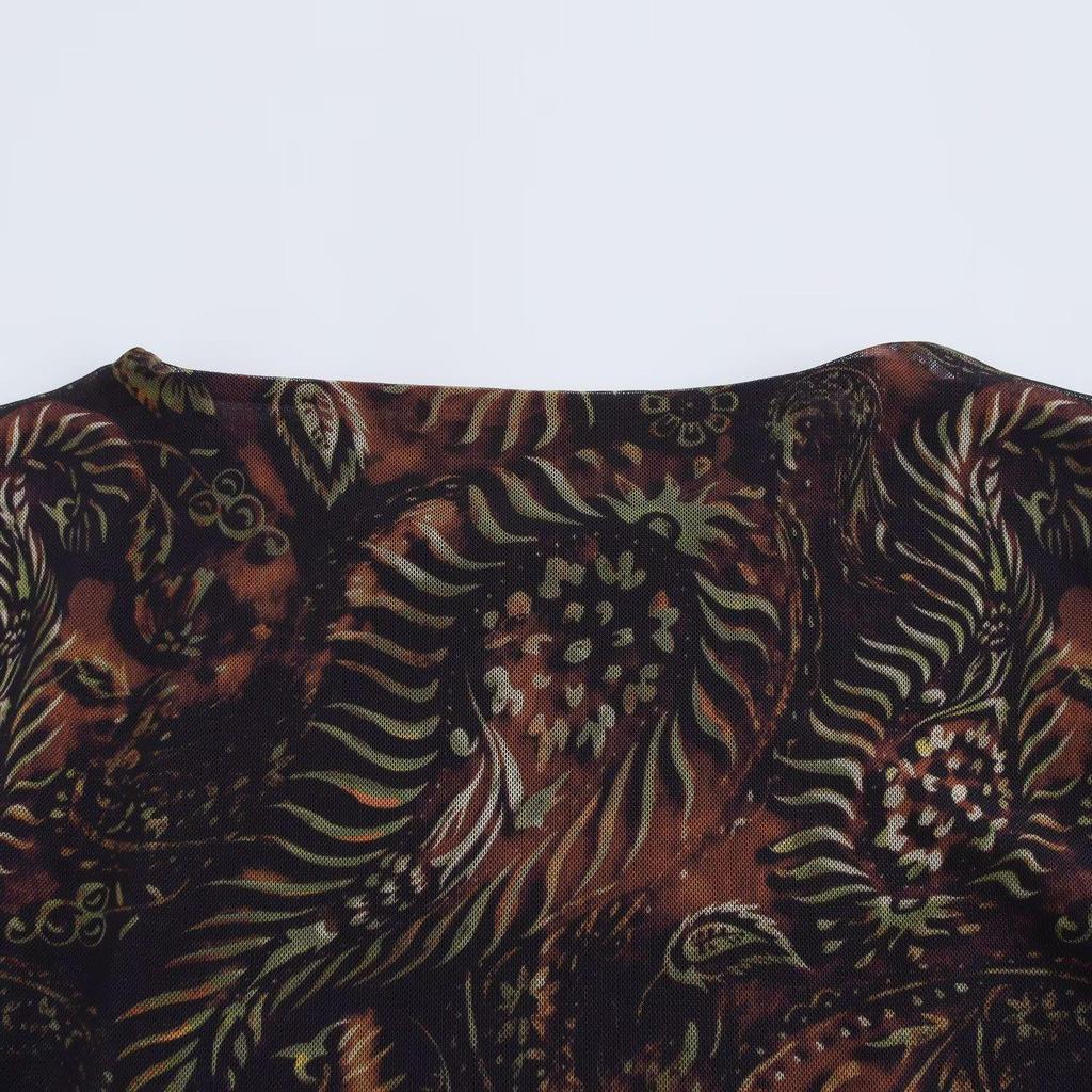 2024 Autumn Women's European & American Print Silk Waist-Hugging Long-Sleeve Short Dress