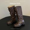 Cowhide Version~ Retro Miu Home Leather Fashion Boots Women's Autumn New Models Old Knight Boots Belt Buckle Boots