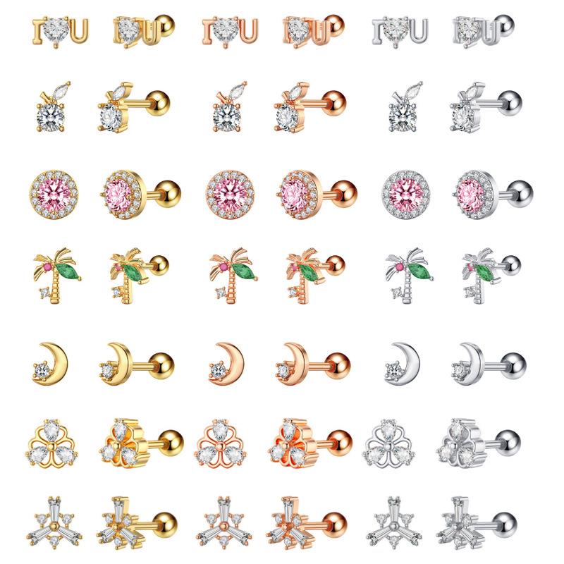 16G Zircon Micro-Inlaid Stainless Steel Cartilage Stud Earrings for Women - Trendy and Sleek Design