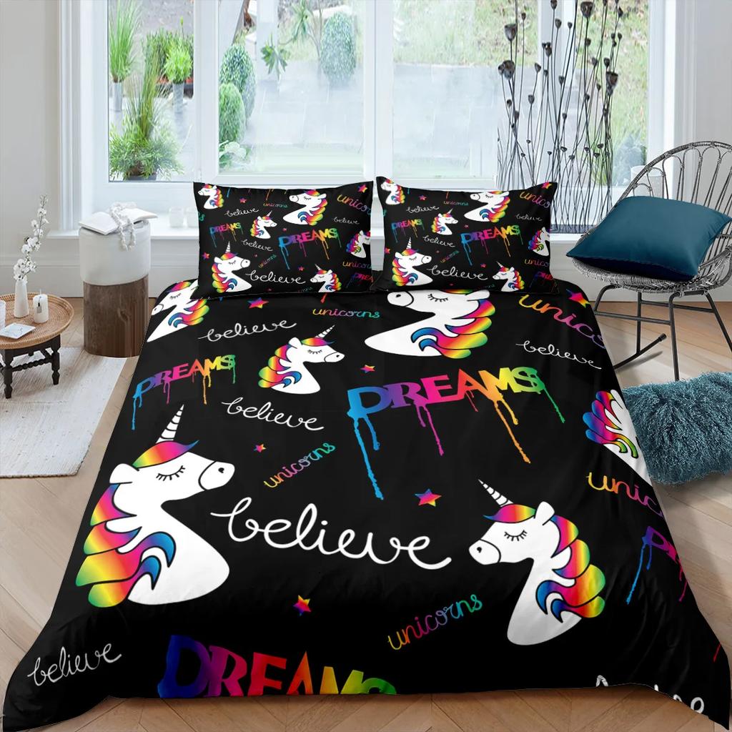 Unicorn Bedding Set King Queen White Pink Unicorn Duvet Cover for Girls Kids Dreamy Cartoon Sparkle Lilac Polyester Quilt Cover