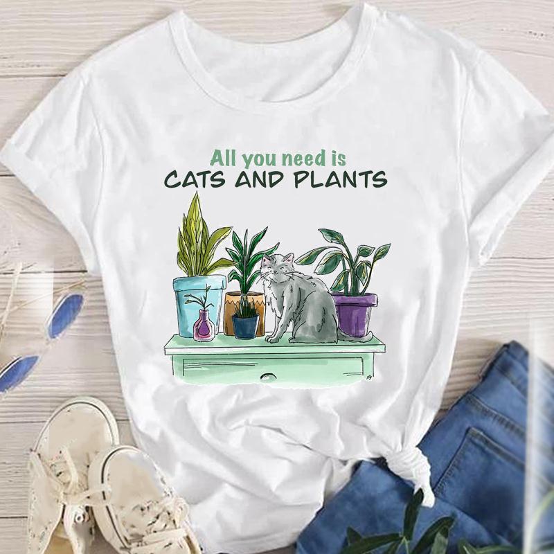 Fashion Cartoon Cat Plant Casual New Lovely Tees Women Short Sleeve Lady Female Graphic Tops Clothes Print Tshirt TShirt