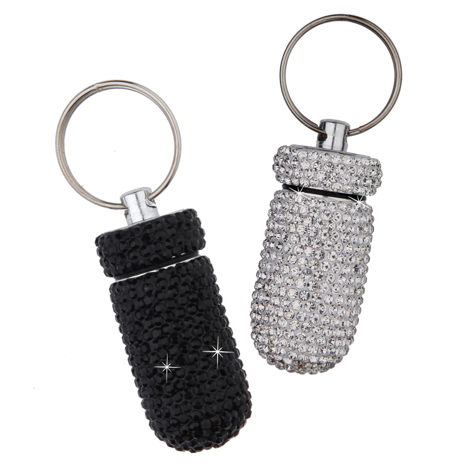 

Sparkling Rhinestone Pill Container with Keychain Compact Waterproof Medication Organizer for Travel and Daily Use A