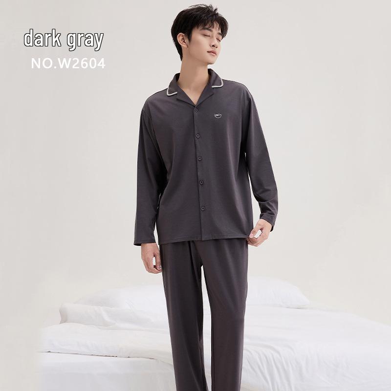 

Men s Tencel Cotton Lyocell Long Sleeve Pajama Set - Spring/Autumn Solid Color Two-Piece for Indoor/Outdoor Wear XXXL