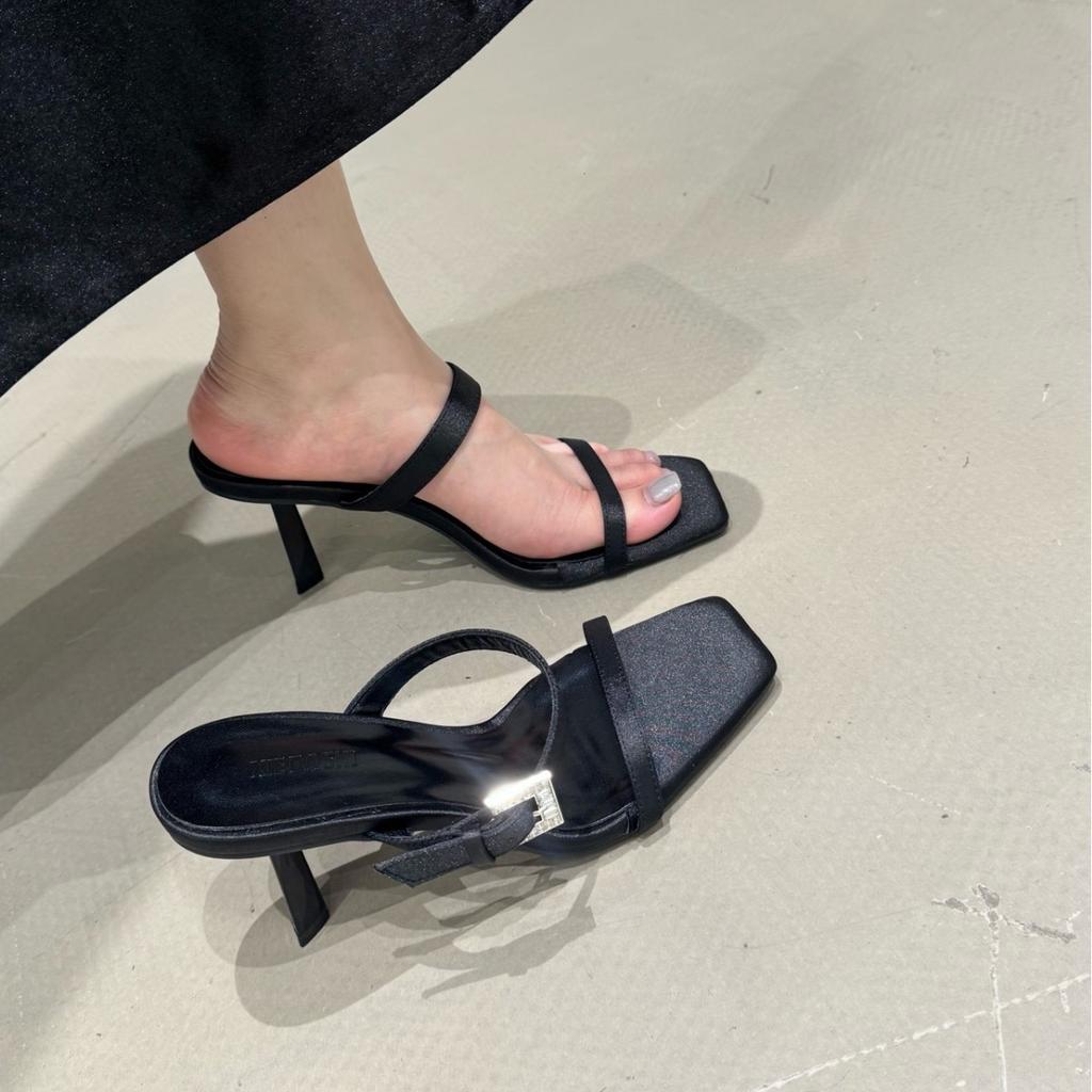 Rhinestone one-word buckle with high heels and cool slippers for women's summer wear 2025 new open-toed square head temperament stiletto sandals