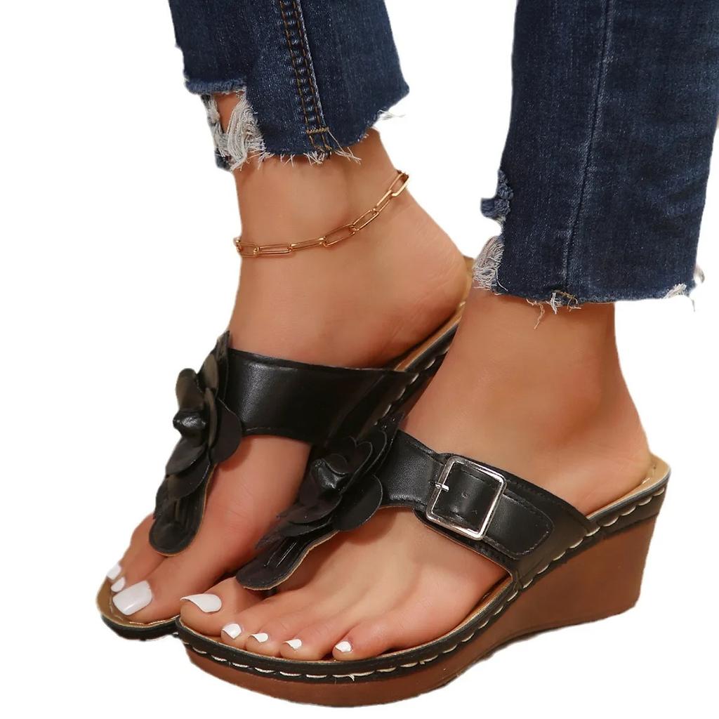 Fashion New Arrival Women Summer 2024 Flower Wedge Slippers Outdoor Casual Pinch Toe Comfortable Heeled Thong Sandals Sandalia Feminina