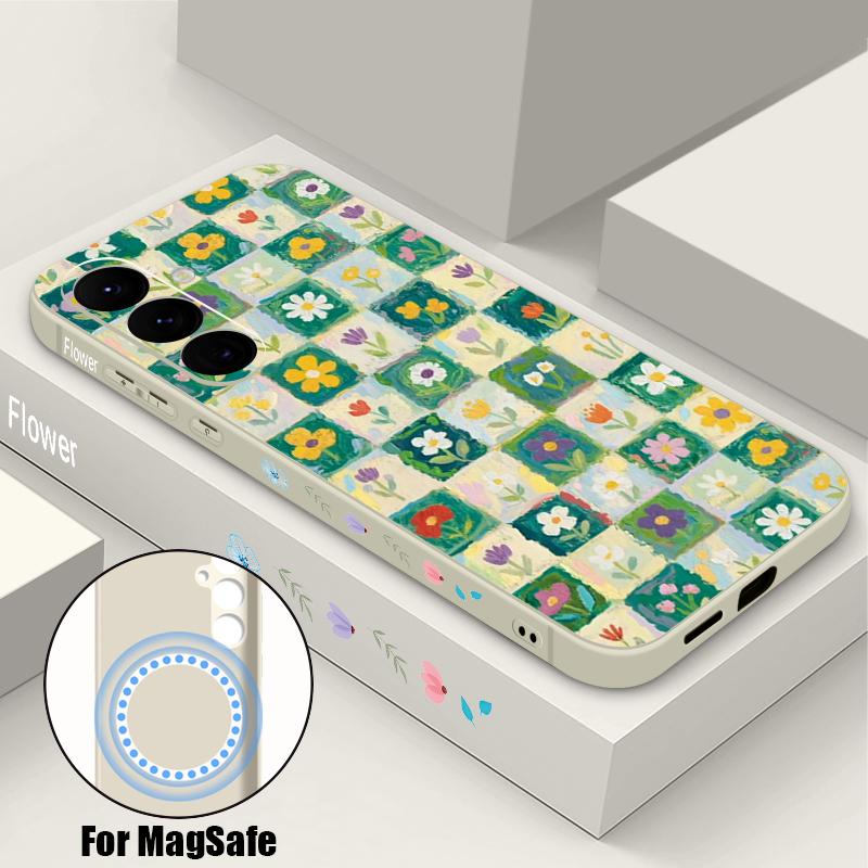 

Luxury Vintage Floral Case For Samsung Galaxy S26 S25 Ultra S24 S23 FE S22 Plus S21 Built-in Metal Plate Magnetic Silicone Cover Samsung S22 Plus белый