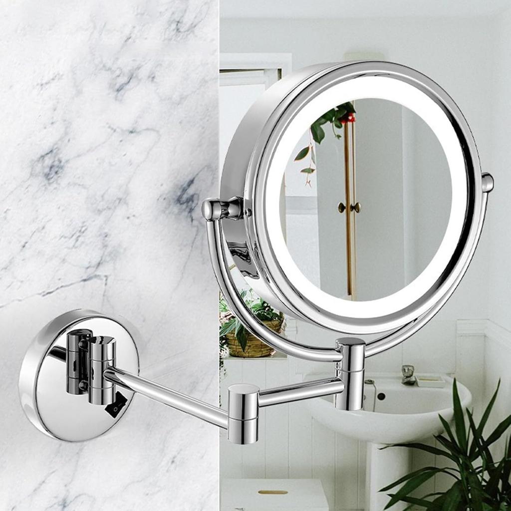 8.5 Inch Magnifying Makeup Mirror with LED Lights, Hard Wired Wall Mounted Adjustable Cosmetic Mirror, Brass Double Sided Vanity Mirror, Bathroom
