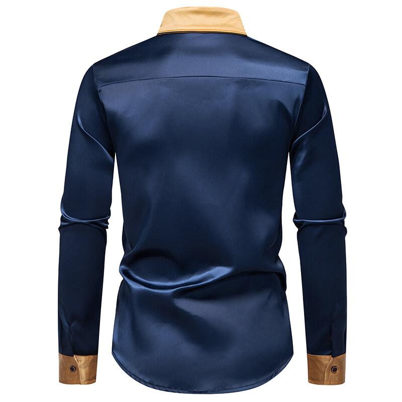 Cozy Up Spring Men's Satin Luxury Color Blocked Shirts Fashion Smooth Tuxedo Long Sleeve Shirt Wedding Party Prom Casual Shirt Business