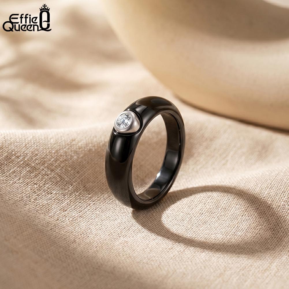 Effie Queen Stainless Steel Metal Ceramic Finger Ring Waterproof Minimalist Texture Dainty Zircon Ring Jewelry Accessories STTR