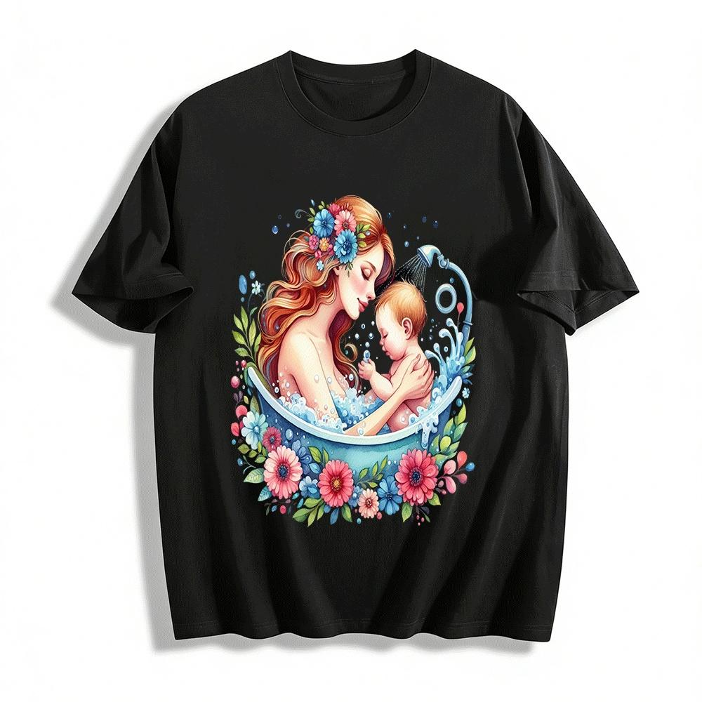 Floral Mother Baby Bath Print Casual Adult T-Shirt Pure cotton T-shirt XXS