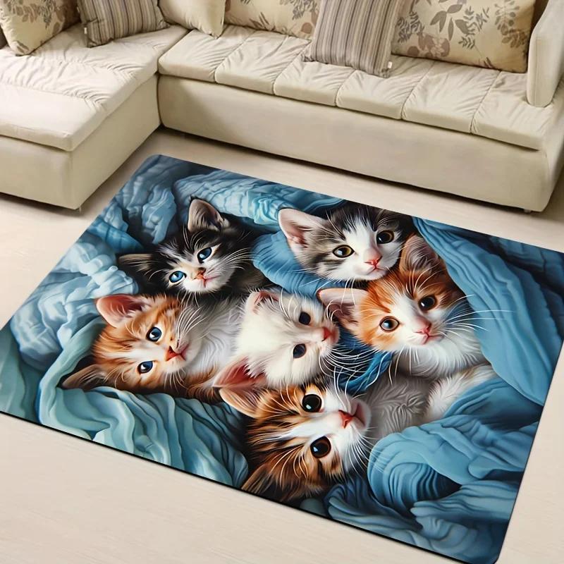 Adorable Kitten Design Area Mat , Soft Polyester, Machine Washable - Perfect for Kitchen, Living Room, Bedroom Decorative